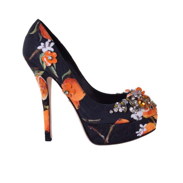 Brocade Plateau Pumps COCO with Orange print and crystals applications by DOLCE & GABBANA Black Label