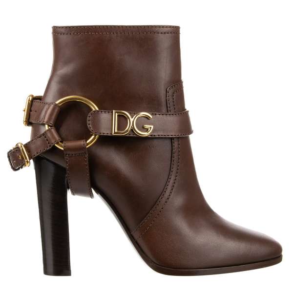 Leather Boots CAROLINE with metal DG Logo and straps in brown by DOLCE & GABBANA