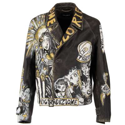 Oversize Graffiti Painted Bull Leather Jacket DG Tradizione Black 48