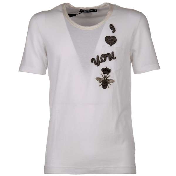 Baumwolle T-Shirt mit aus Metall bestickten Krone, Herz und Biene von DOLCE & GABBANA