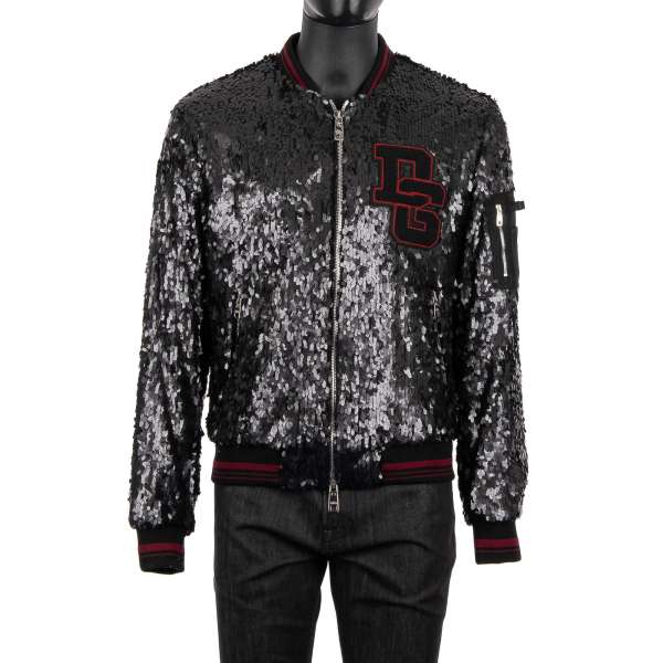 Varsity / College Jacket with sequins embroidery and Dolce&Gabbana Logo application in red and black by DOLCE & GABBANA