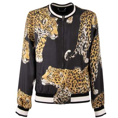 Leopard Printed Silk Bomber Jacket Black Brown