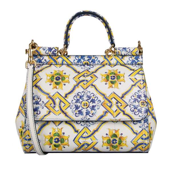 Hand- / Schultertasche SICILY Mini aus Dauphine Leder mit Majolika Print und Logo Schild von DOLCE & GABBANA