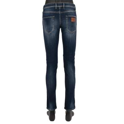 5-Pockets Distressed Jeans Slim Fit Leder Logo Schild Blau