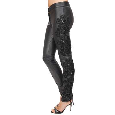 Black Widow Pearl Butterfly Skull Leather Pants Black