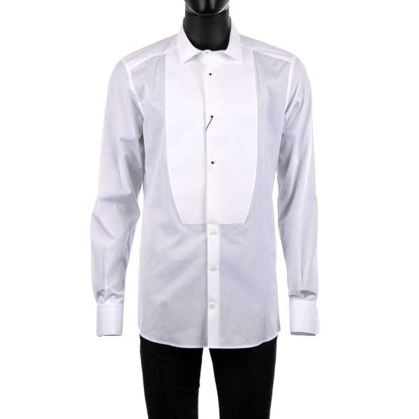 Tuxedo Shirt with short collar and rigid placket with bejeweled buttons by DOLCE & GABBANA Black Label - GOLD Line