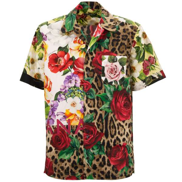 Oversize cotton shirt with leopard, roses, flowers and DG logo print by DOLCE & GABBANA