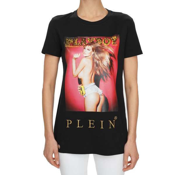 T-Shirt für Damen mit PLAYBOY Schrift aus Kristallen und Magazin Cover von Shanice Jordyn vorne und gedrucktem PLAYBOY PLEIN Schriftzug hinten von PHILIPP PLEIN X PLAYBOY