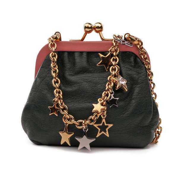 Lambskin purse bag with metal stars crystal chain strap in green, pink and gold by DOLCE & GABBANA