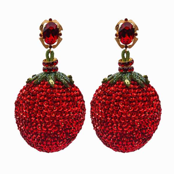 Strawberry Clip Earrings adorned with embroidered sequins and pearls, baroque golden element and crystal rings in gold by DOLCE & GABBANA
