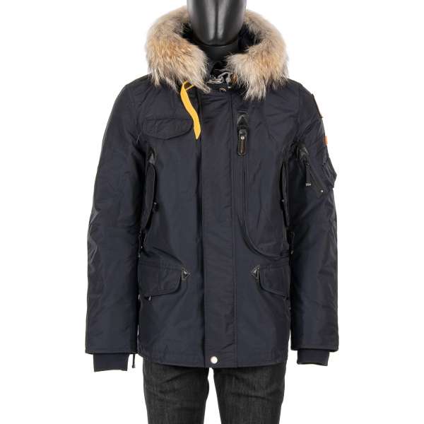 Parka / Down Jacket RIGHT HAND with a detachable real fur trim, hoody, many pockets and a removable down-filled lining in Pencil Black