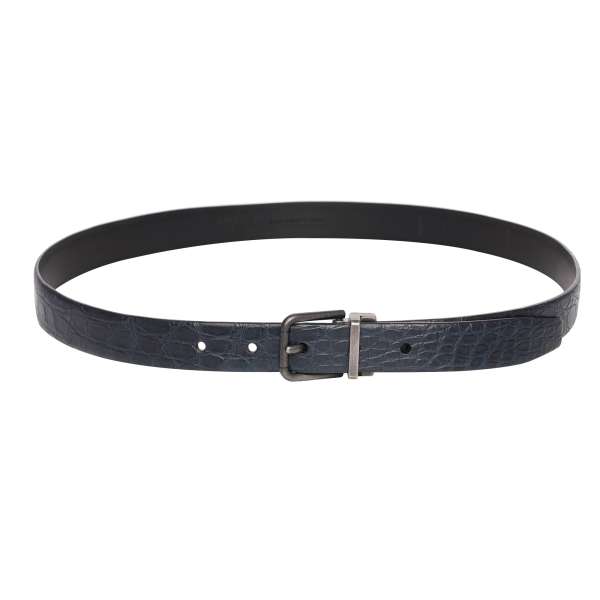 Crocodile Leather belt with metal buckle in dark blue by DOLCE & GABBANA