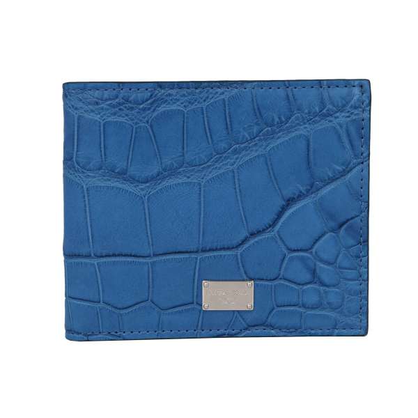Crocodile leather wallet with DG metal logo plate in blue by DOLCE & GABBANA