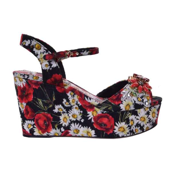 Brocade Wedges BIANCA with Carnation and Chamomile print and crystals embellishments by DOLCE & GABBANA Black Label