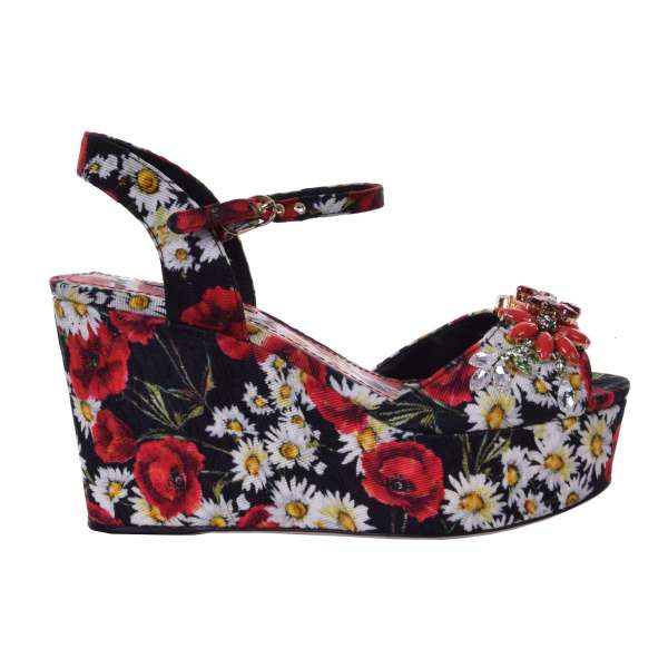 Wedges BIANCA aus Brokat mit Nelken und Kamille Print und Dekorationen aus Kristallen von DOLCE & GABBANA Black Label