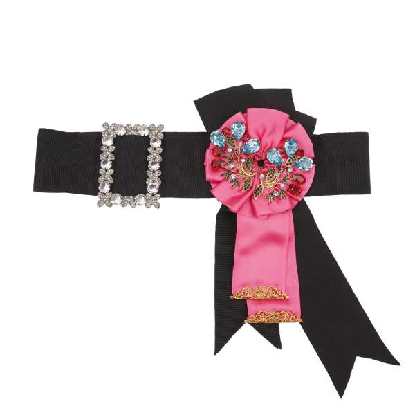  Belt for dress with crystal and brass flower brooches, chains and silk applications in black by DOLCE & GABBANA