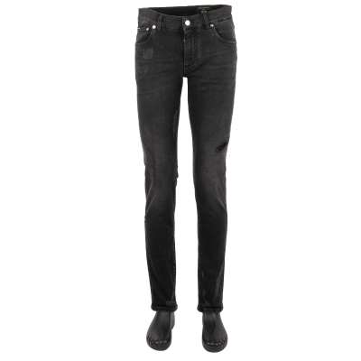 Distressed 5-Pockets Jeans SKINNY mit Logo Schild Schwarz 48 M