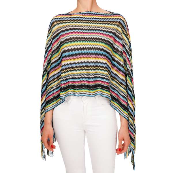 Large zigzag pattern woven Poncho Scarf / Foulard in white, pink, blue, yellow and black by MISSONI