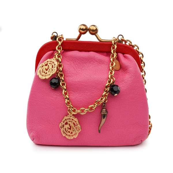 Vintage calfskin purse bag with metal pendants crystal chain strap in pink and gold by DOLCE & GABBANA