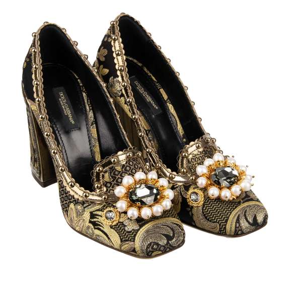 Baroque style Leather and Jacquard Pumps KEIRA with pearls and crystals applications by DOLCE & GABBANA