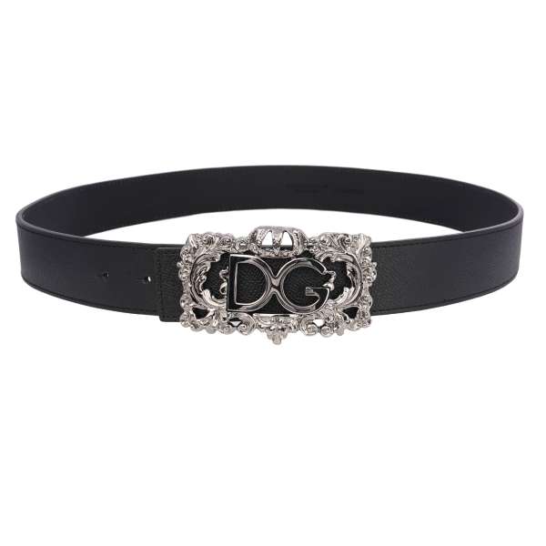 Dauphine calf leather belt with DG Baroque metal buckle in black and silver by DOLCE & GABBANA