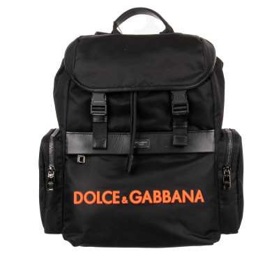 Military Style Nylon Backpack with Pockets and Logo Black Orange