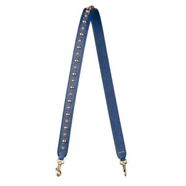 Dauphine leather bag Strap / Handle with golden studs applications in blue by DOLCE & GABBANA