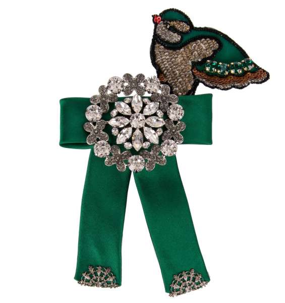 Silk Ribbon Hair Clip with crystal and bird sequined brooch and brass applications in green by DOLCE & GABBANA