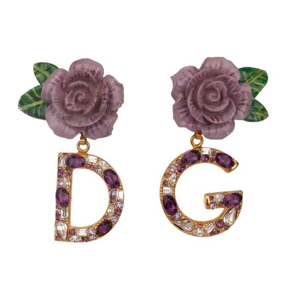 Clip Earrings adorned with hand-painted roses and DG crystal pendants in purple and gold by DOLCE & GABBANA