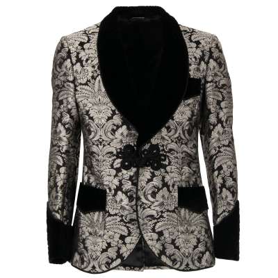 Baroque Jacquard Velvet Tuxedo Jacket Blazer Silver Black