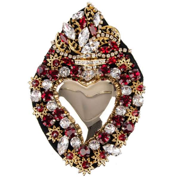 "Sacro Cuore" Metal Heart Brooch with crystal embroidery in Gold and Red by DOLCE & GABBANA