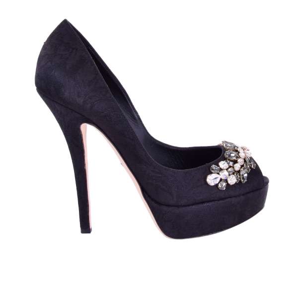 COCO Baroque Plateau Peep Toe Pumps with crystal brooch applications and black floral brocade by DOLCE & GABBANA Black Label