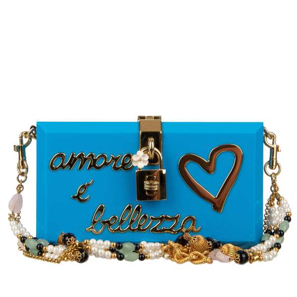 Plexiglas shoulder bag / clutch DOLCE BOX with golden "Amore e Bellezza" lettering, pearls embellished chain strap and decorative padlock with flower by DOLCE & GABBANA