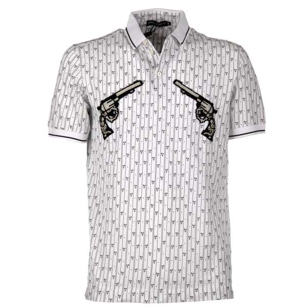 Gestreiftes Polo Shirt aus Baumwolle mit Blumen Print und bestickten Pistolen von DOLCE & GABBANA