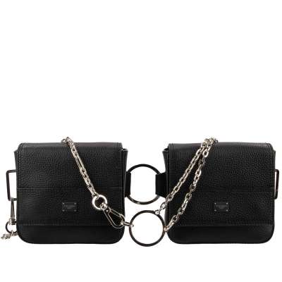 Double Leather Waist Bag Shoulder Bag with Logo and Chains Black