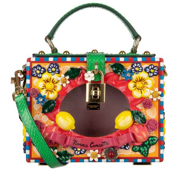 Wooden hand-painted bag / shoulder bag / clutch DOLCE BOX "Nonna Concetta" with Sicilian Carretto details, lemons, array of typical desserts, plexiglas insert and decorative padlock by DOLCE & GABBANA