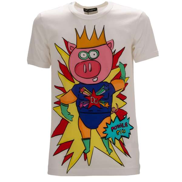 Printed cotton T-Shirt with King Power Pig print and logo patch on the back by DOLCE & GABBANA