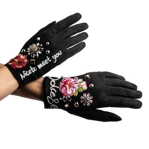Nappa suede lambskin gloves with brooches, studs, crystals and embroidery by Dolce&Gabbana Black Label