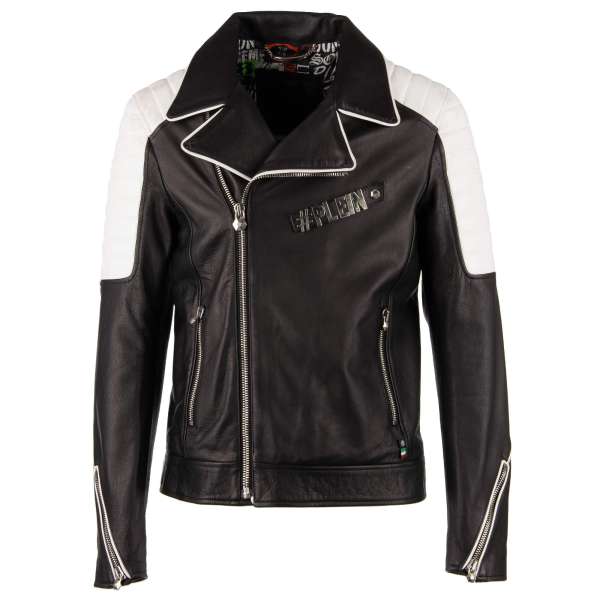 Biker style leather jacket OPEN with logo plate, zip pockets and quilted shoulders by PHILIPP PLEIN