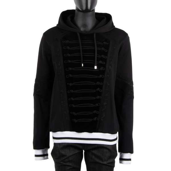 Hoody / Sweatshirt in Royal Uniform Stil mit Applikationen aus Samt und Blumen Brokat in schwarz von DOLCE & GABBANA Black Label