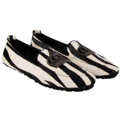 Zebra Printed Fur Loafer KING DRIVER with Crown Black White