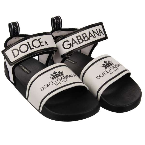 Leather an neoprene sandals CIABATTA with rubber sole and DG Crown Logo in black and white by DOLCE & GABBANA