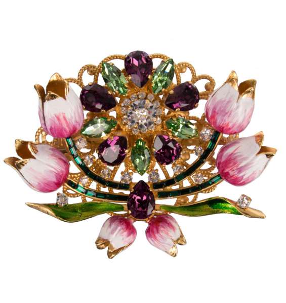 Floral Hair Clip with hand painted tulips and crystals in Gold by DOLCE & GABBANA