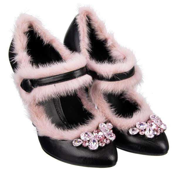 Leather and Mink Fur Mary Jane Pumps COCO with crystal brooch by DOLCE & GABBANA Black Label
