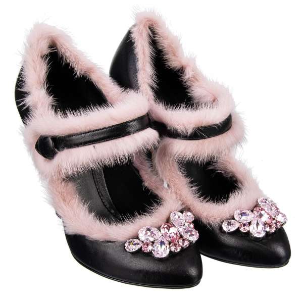 Mary Jane Pumps COCO aus Leder und Nerz-Pelz mit Kristallen Brosche von DOLCE & GABBANA Black Label