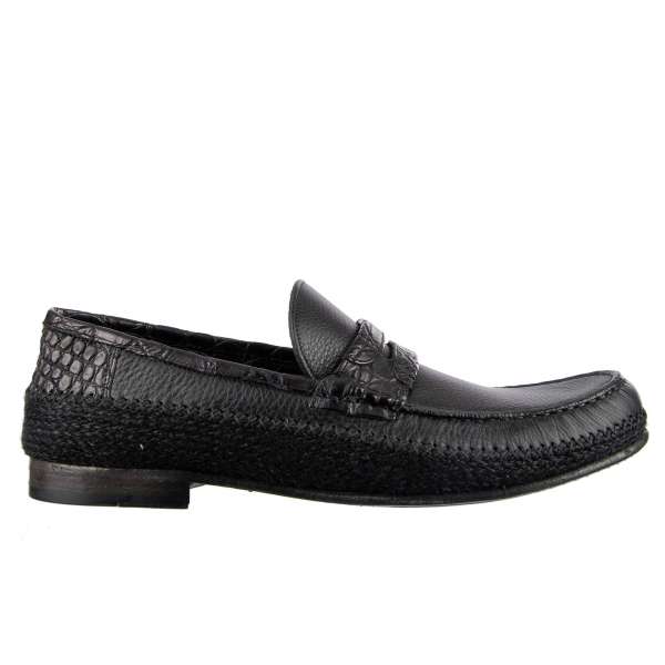 Crocodile (Caiman) and Calf Leather moccasins GENOVA with linen knit by DOLCE & GABBANA