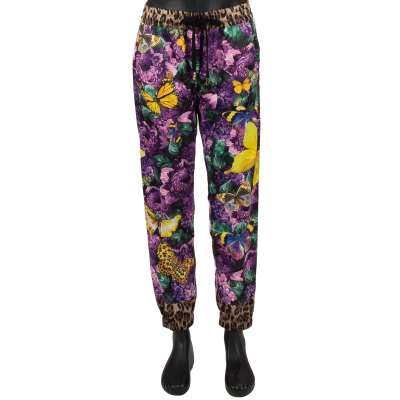 DJ Khaled Satin Jogger Hose mit Schmetterling, Blumen und Leopard Print Lila