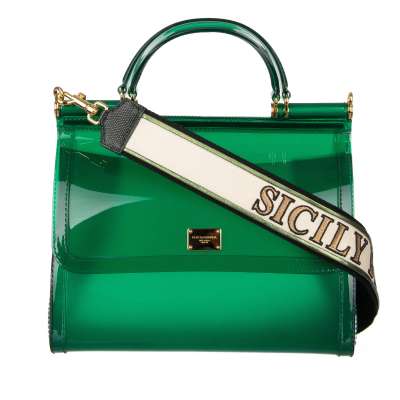 PVC Tote Shoulder Bag SICILY with Embroidered Strap and Logo Green