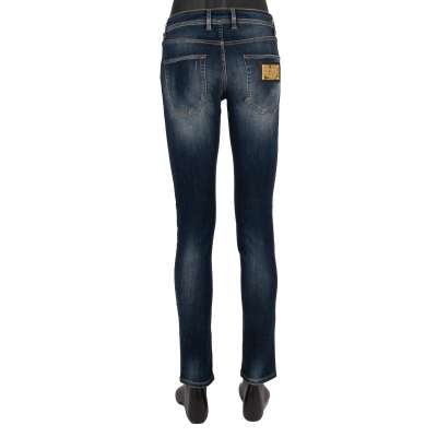 Distressed 5-Pockets Jeans Hose Slim Metall Logo Schild Gold Blau 46 S