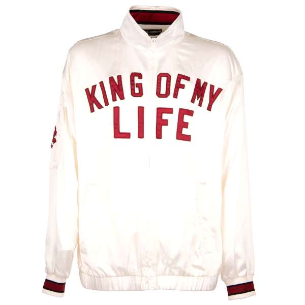 DG Millenials bomber jacket made of silk with King of My Life embroidery in white and red by DOLCE & GABBANA